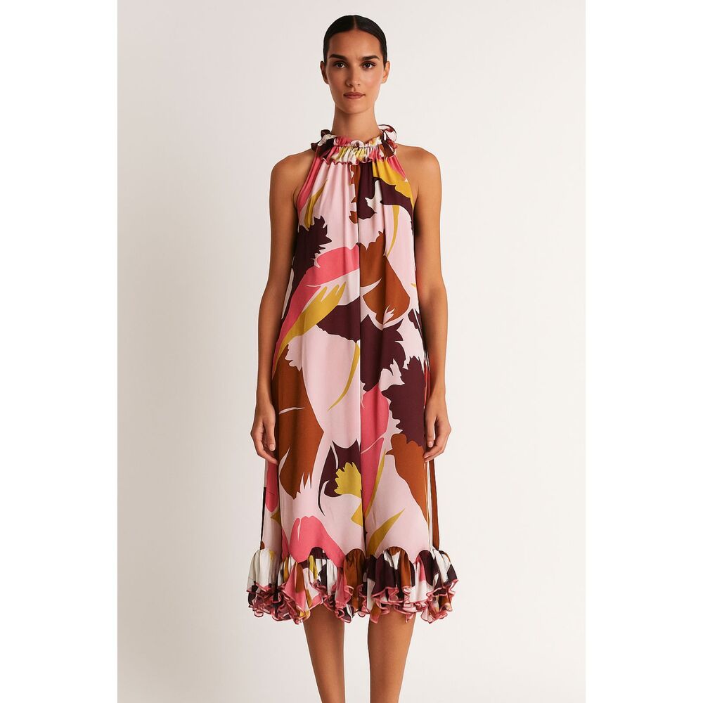 Milly of New York Silk Bold Botanical Print Ruffled Hem Dress 4